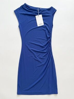 NWT Pull & Bear Cobalt Blue Ruched Side Asymmetric Cowl Neck Mini Dress XS